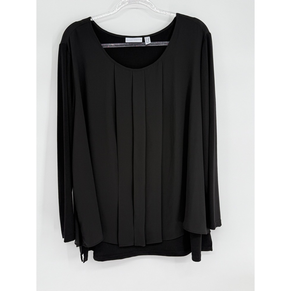 Susan Graver Womens Sz 2X‎ Black Pleated Front Layered Long Sleeve Tunic Blouse